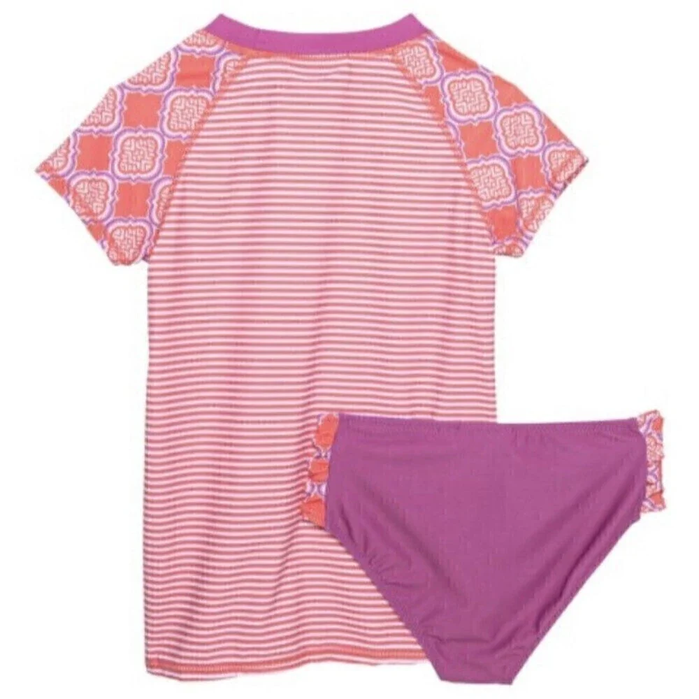 Cabana Life Rash Guard Bikini Bottoms Set Swimsuit Pink UPF 50+Short Sleeve Sz 4